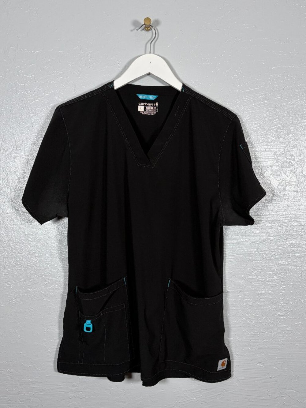 Carhartt Force Women L Black Cross Flex V Neck Scrub Top Modern Fit Nursing